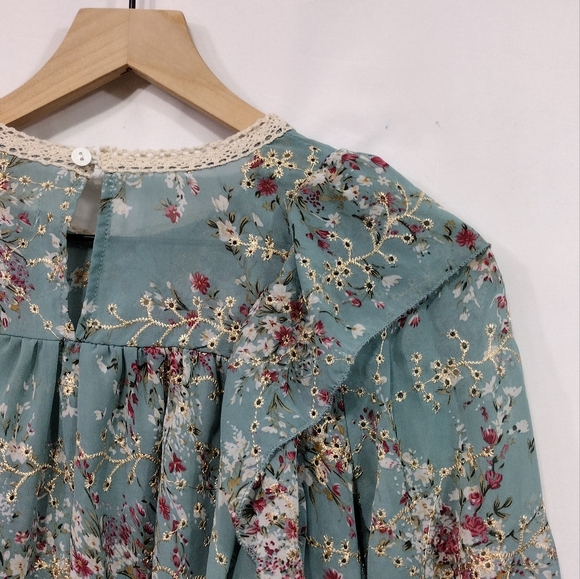 Sunday Seoul Floral Eyelet Babydoll Top Women's S Blue Artsy Cottagecore Retro - Picture 8 of 10